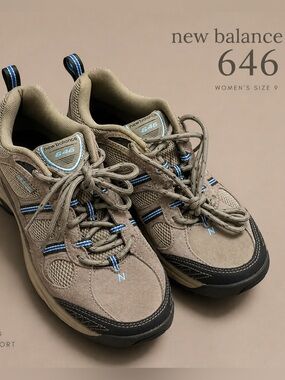 New Balance 646 Hiking Trail Walking Shoes Womens Size 9 Beige Blue Suede Mesh